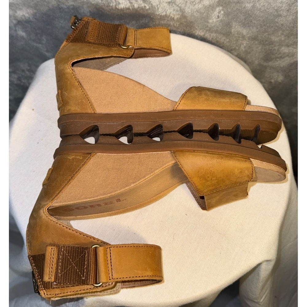 Sorel women Sz 7.5 Joanie II Brown Leather Wedge Heel Sandals neutral minimalist - Picture 6 of 9